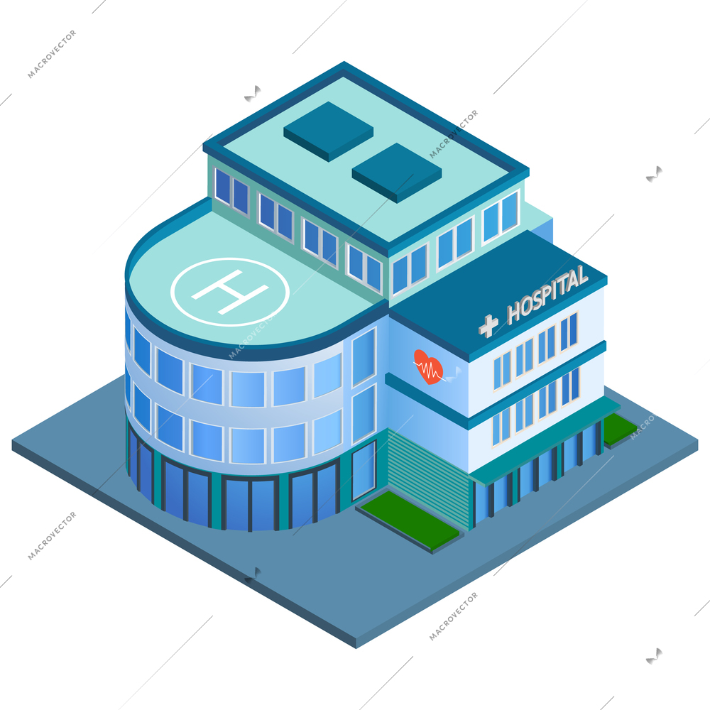 Modern 3d urban hospital building with helipad on the roof isometric isolated vector illustration