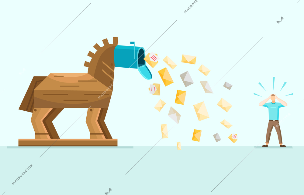 Trojan horse aggressive spam mail danger waring allegoric image with envelops falling from inbox flat vector illustration