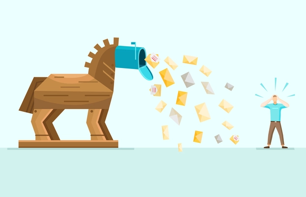 Trojan horse aggressive spam mail danger waring allegoric image with envelops falling from inbox flat vector illustration