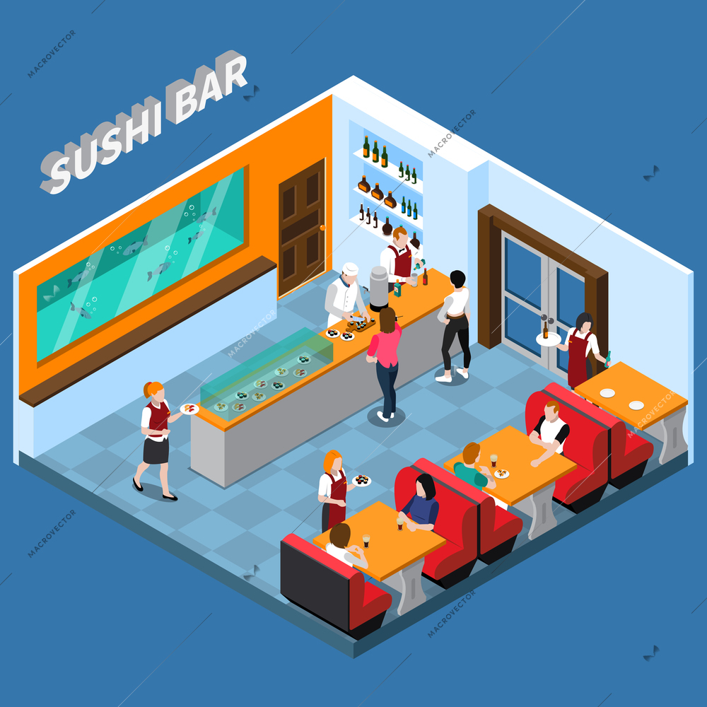 Sushi bar with staff and clients food and beverages interior elements on blue background isometric vector illustration
