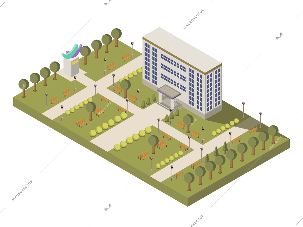 Isometric university and campus composition with university building and garden vector illustration