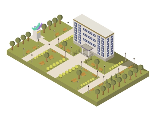 Isometric university and campus composition with university building and garden vector illustration