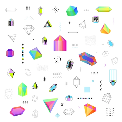 Geometric diamond prism shaped polygonal crystals bright  colorful and black contour outline icons big set isolated vector illustration