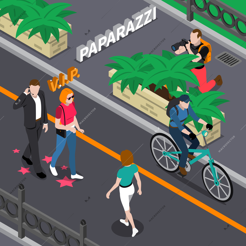 Paparazzi doing photo of celebrities during walking from bushes at street in summer isometric vector illustration