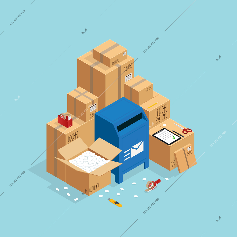 Box packing and sending composition with isometric images of post mail box and carton parcel packaging vector illustration