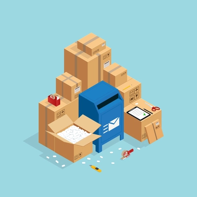 Box packing and sending composition with isometric images of post mail box and carton parcel packaging vector illustration