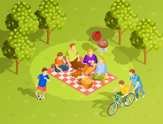 Family summer holiday countryside style brunch picnic with bbq and riding bike siblings isometric podter vector illustration