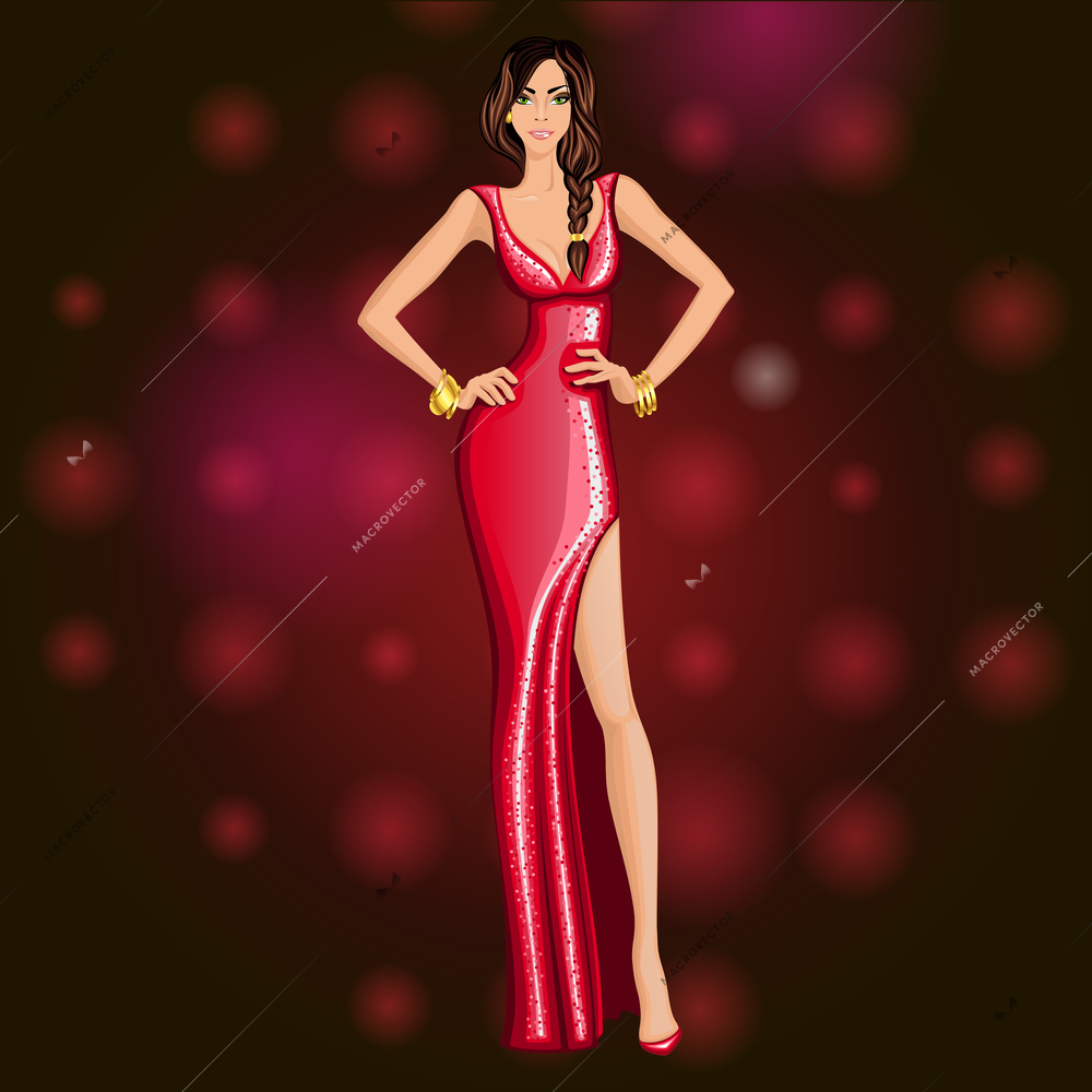 Glamorous dressed up for a dancing party young long legged attractive woman vector illustration