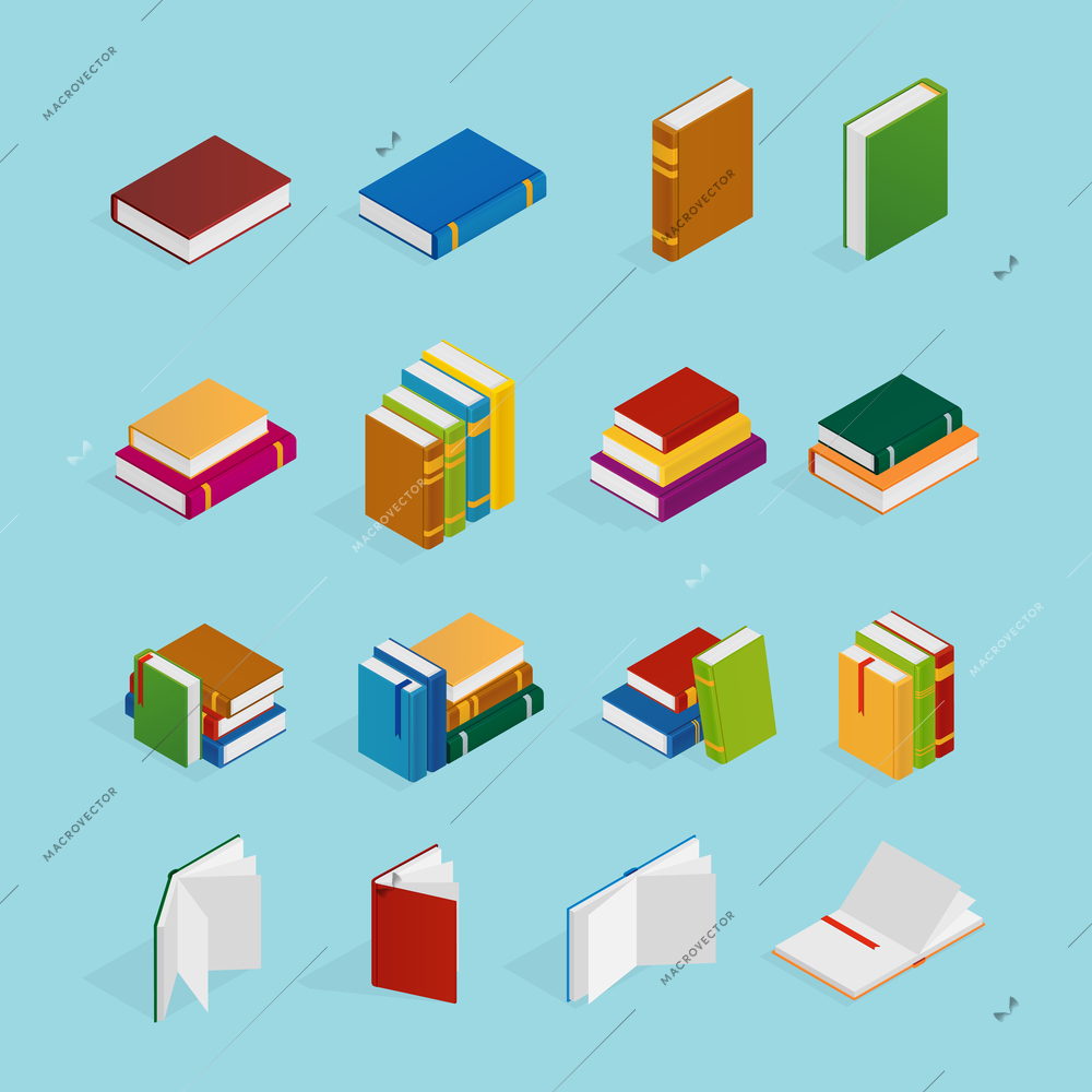 Set of isometric icons with books in colorful covers with bookmarks on blue background isolated vector illustration