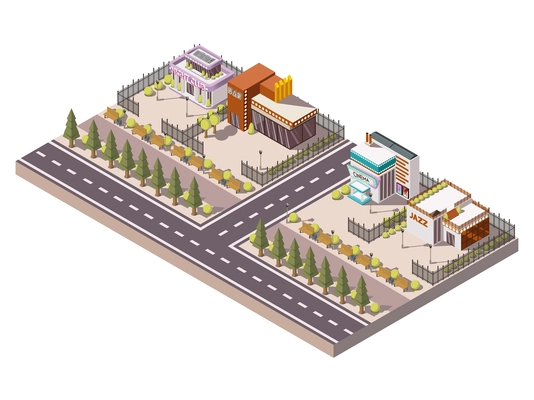 Entertainment places isometric composition with night club and cinema  vector illustration