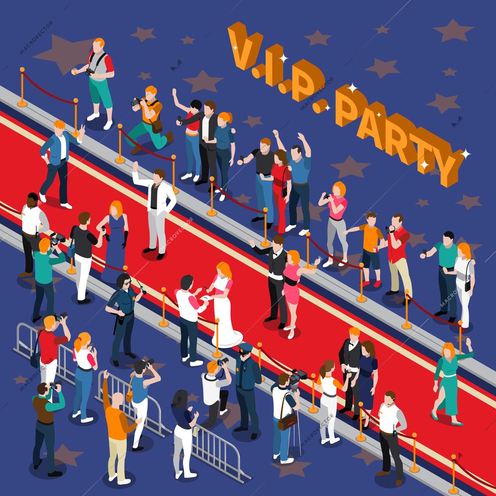 Vip party with celebrities on red carpet photographers admirers on blue background with stars isometric vector illustration