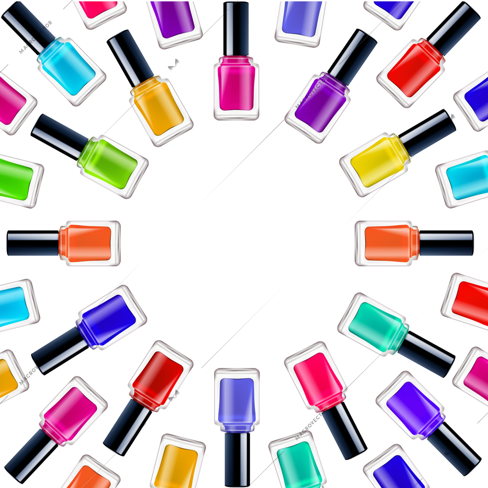 Realistic round frame with coloful nail polishes in closed containers on white background isolated vector illustration