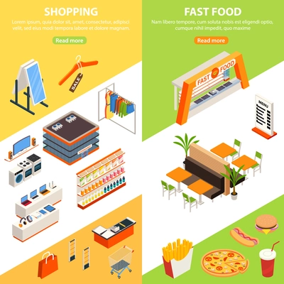 Shopping mall vertical banners with isometric hypermarket wear store and fast food court service cabinet images vector illustration