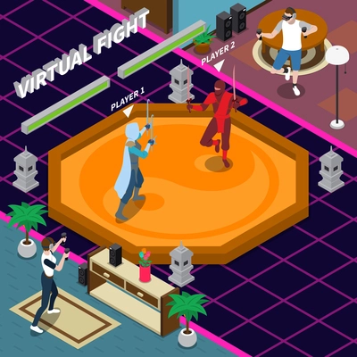 Virtual fight scene including players with electronic equipment gaming warriors on combat zone isometric vector illustration