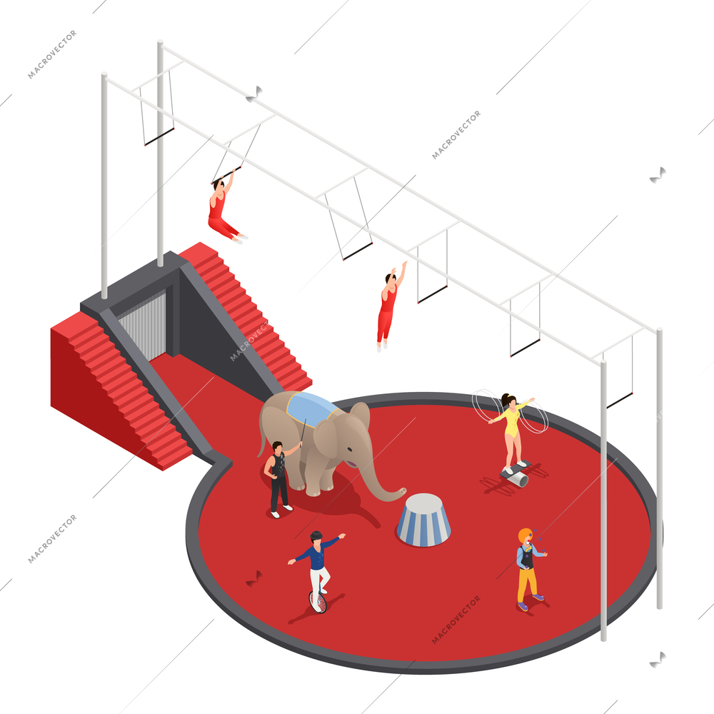 Circus isometric composition with aerial acrobats elephant with trainer and clown performing at arena vector illustration