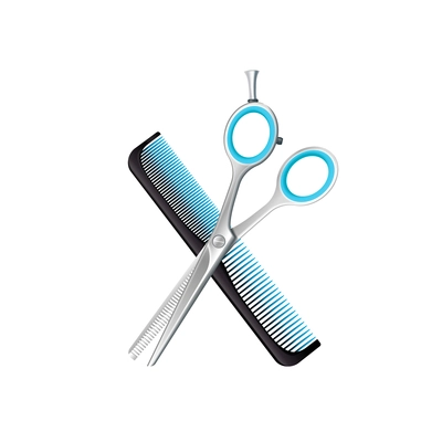 Composition from crossed black comb and scissors for thinning with blue elements on white background vector illustration