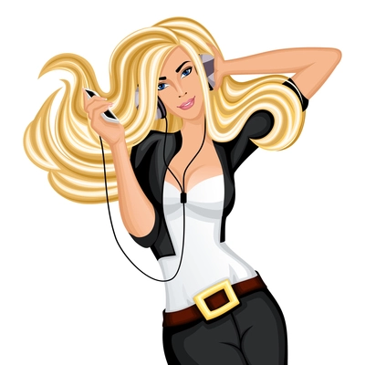 Beautiful sexy slim blond longhaired dancing girl with headphones moving head to the music beat vector illustration