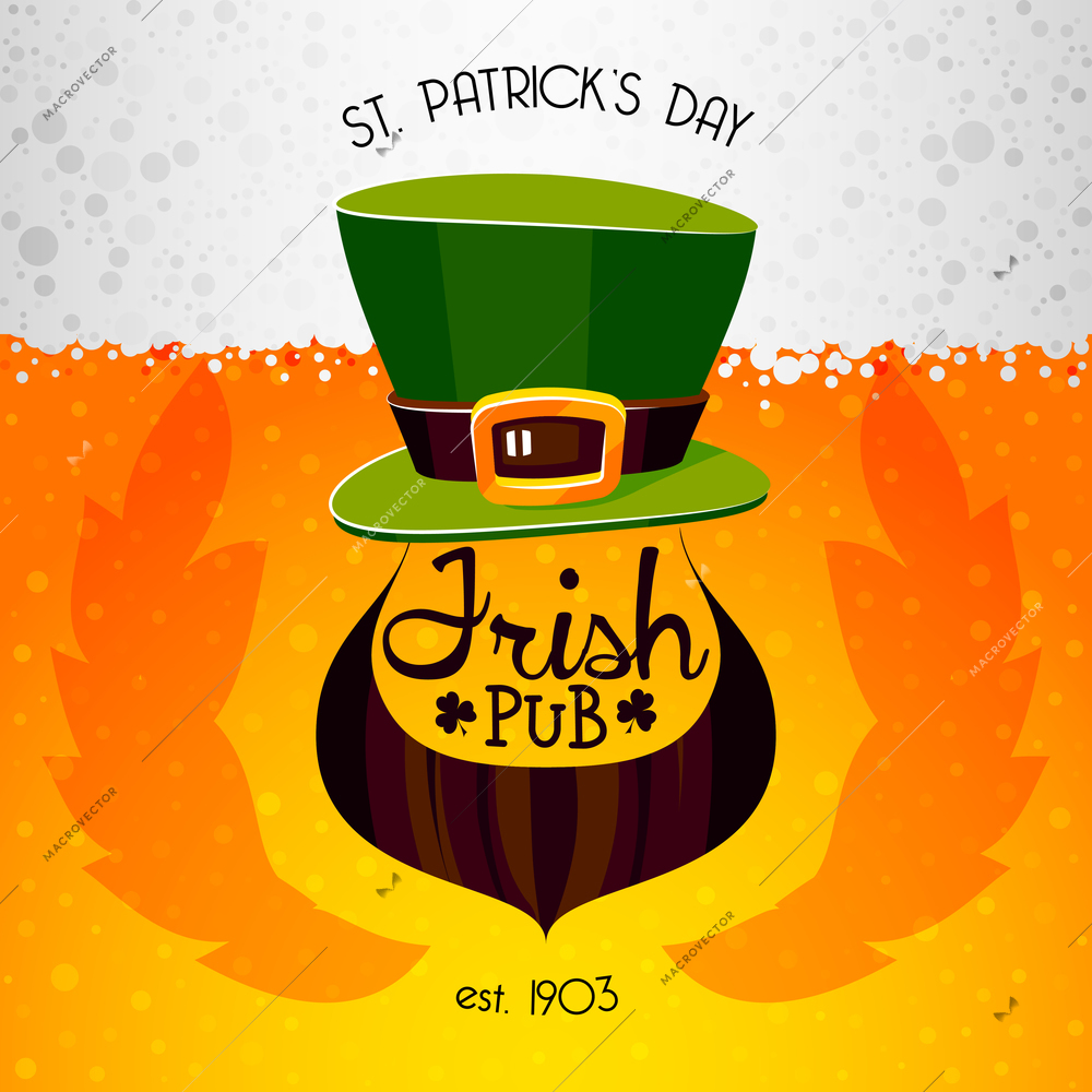 Irish pub st patricks day celebration poster with green hat and beard on beer background flat vector illustration