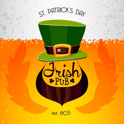 Irish pub st patricks day celebration poster with green hat and beard on beer background flat vector illustration