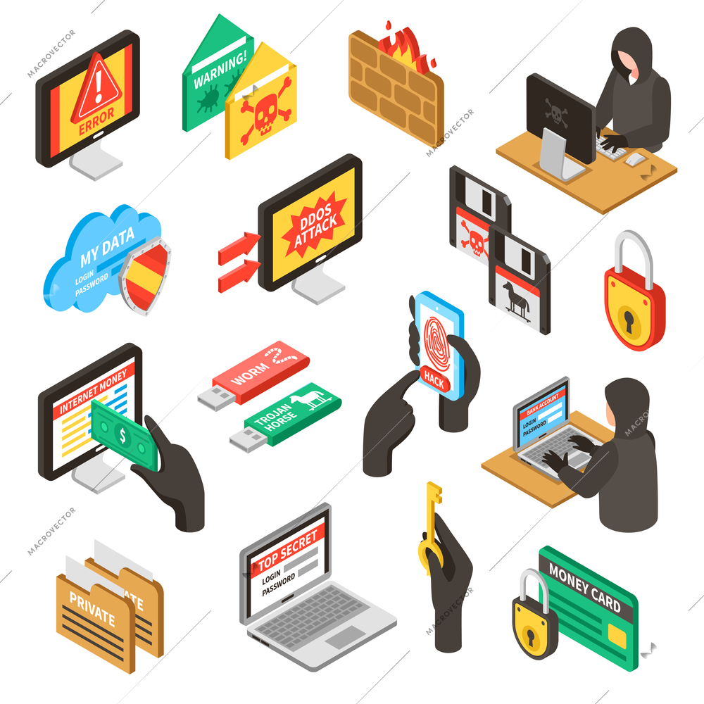 Internet hacker attack and personal data security 3d isometric icons set isolated on white background vector illustration