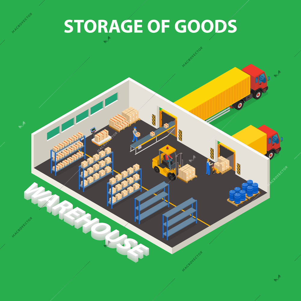 Storage of goods isometric design concept with workers unloading boxes from trucks using forklifts vector illustration