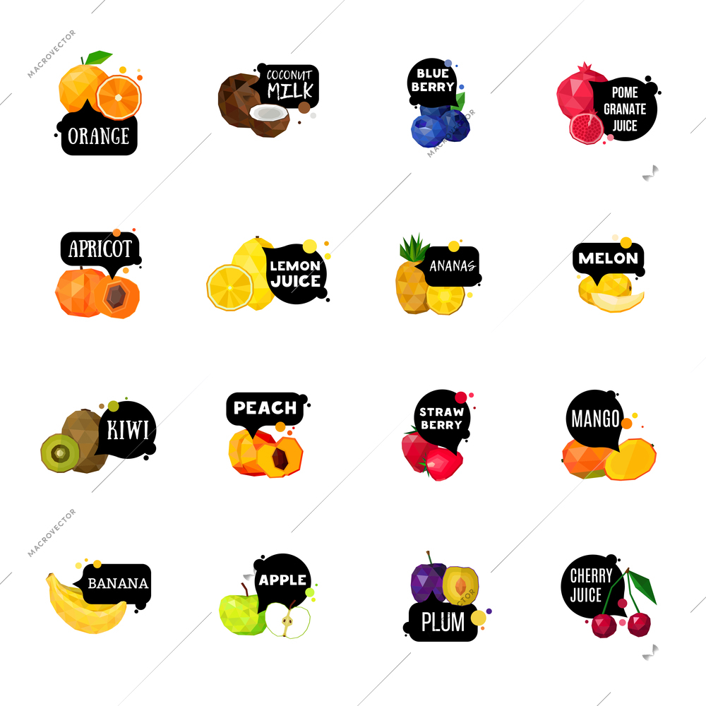 Fresh colorful fresh fruits and berries with black labels polygonal crystals style icons collection isolated vector illustration