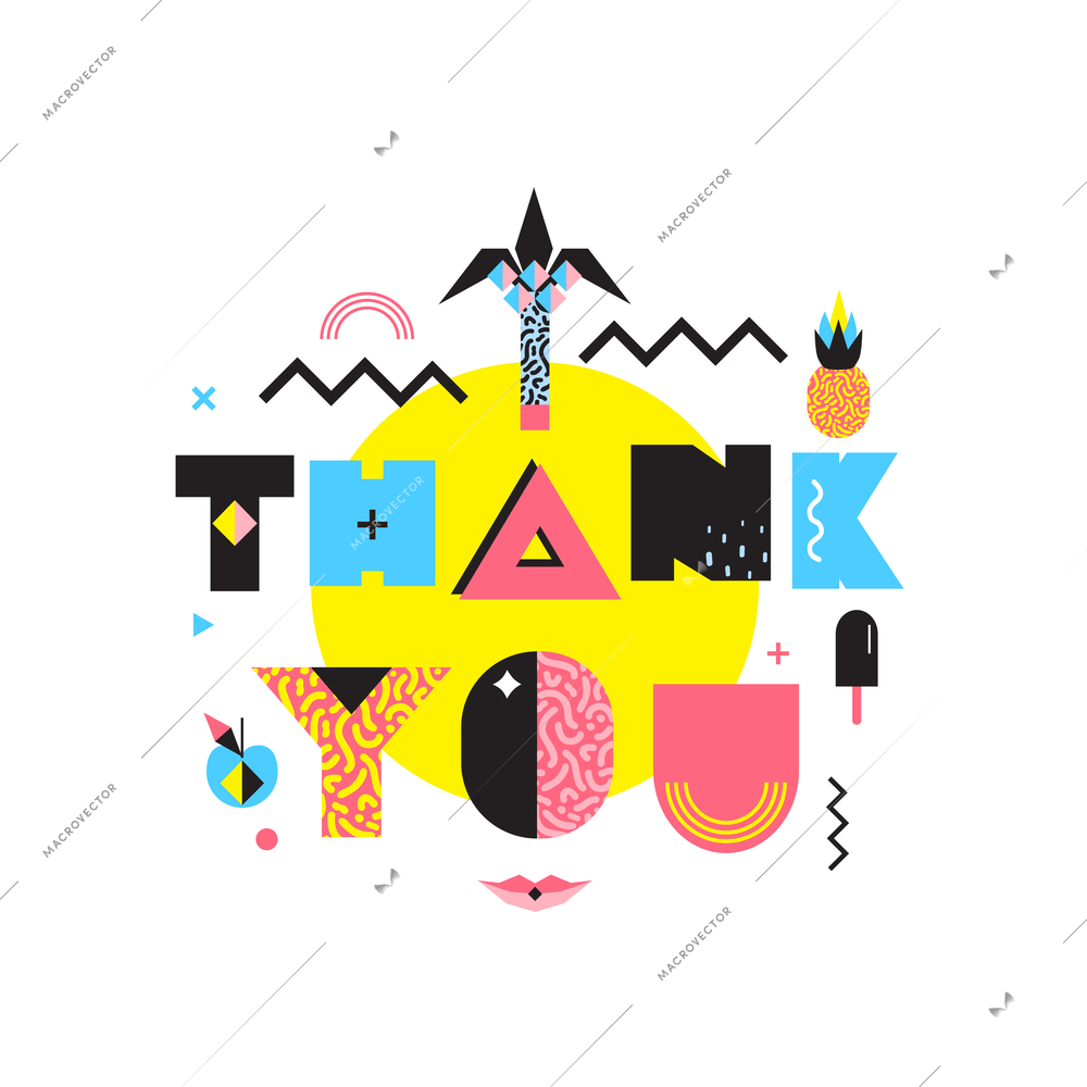 Thank you geometrical composition in bright colorful memphis style abstract retro vector illustration retro design