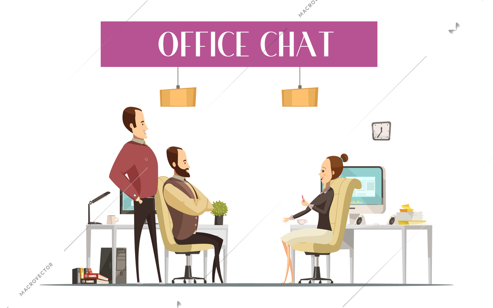 Office chat composition in cartoon style with cheerful men and woman during communication at workplaces vector illustration