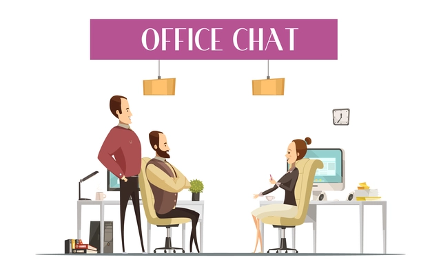 Office chat composition in cartoon style with cheerful men and woman during communication at workplaces vector illustration