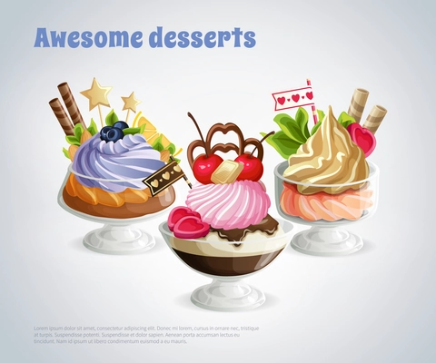 Composition with awesome desserts in glass bowls decorated nuts berries and candies on grey background vector illustration