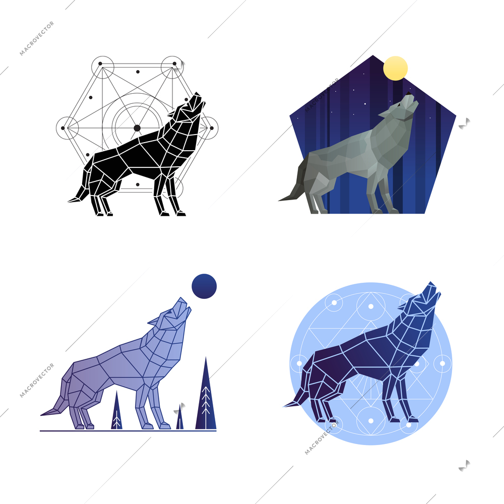 Howling wolf 2x2 icons and emblems in different styles set polygonal isolated vector illustration