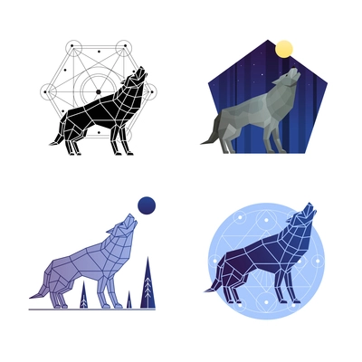 Howling wolf 2x2 icons and emblems in different styles set polygonal isolated vector illustration