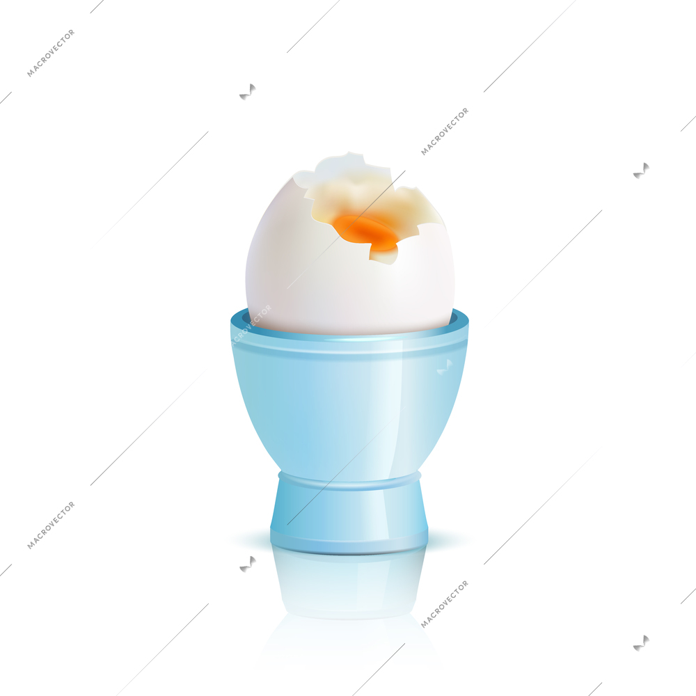 Soft boiled egg in blue eggcup on white background realstic vector illustration