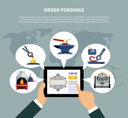 Blacksmith order forgings concept with online forged products store on tablet screen top worldwide with icons vector illustration