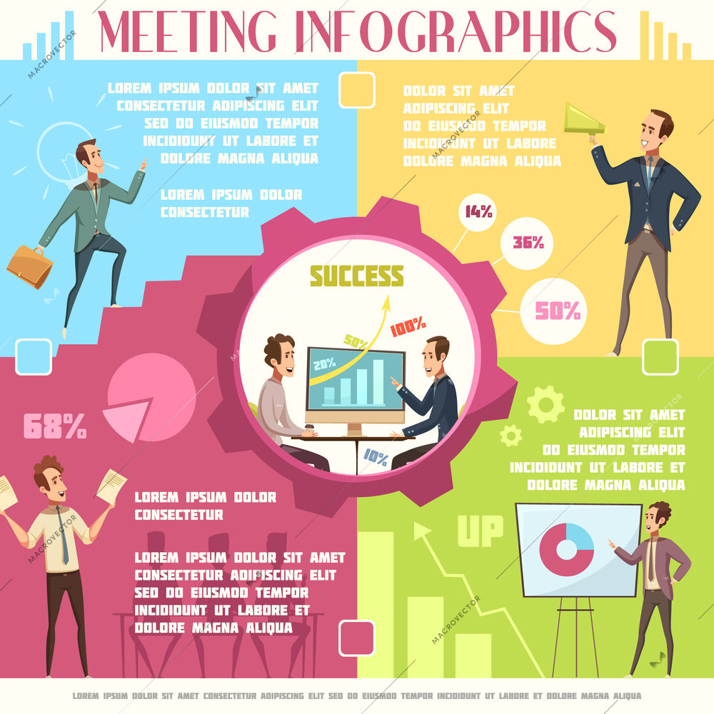 Business meeting infographic set with work and success symbols cartoon vector illustration