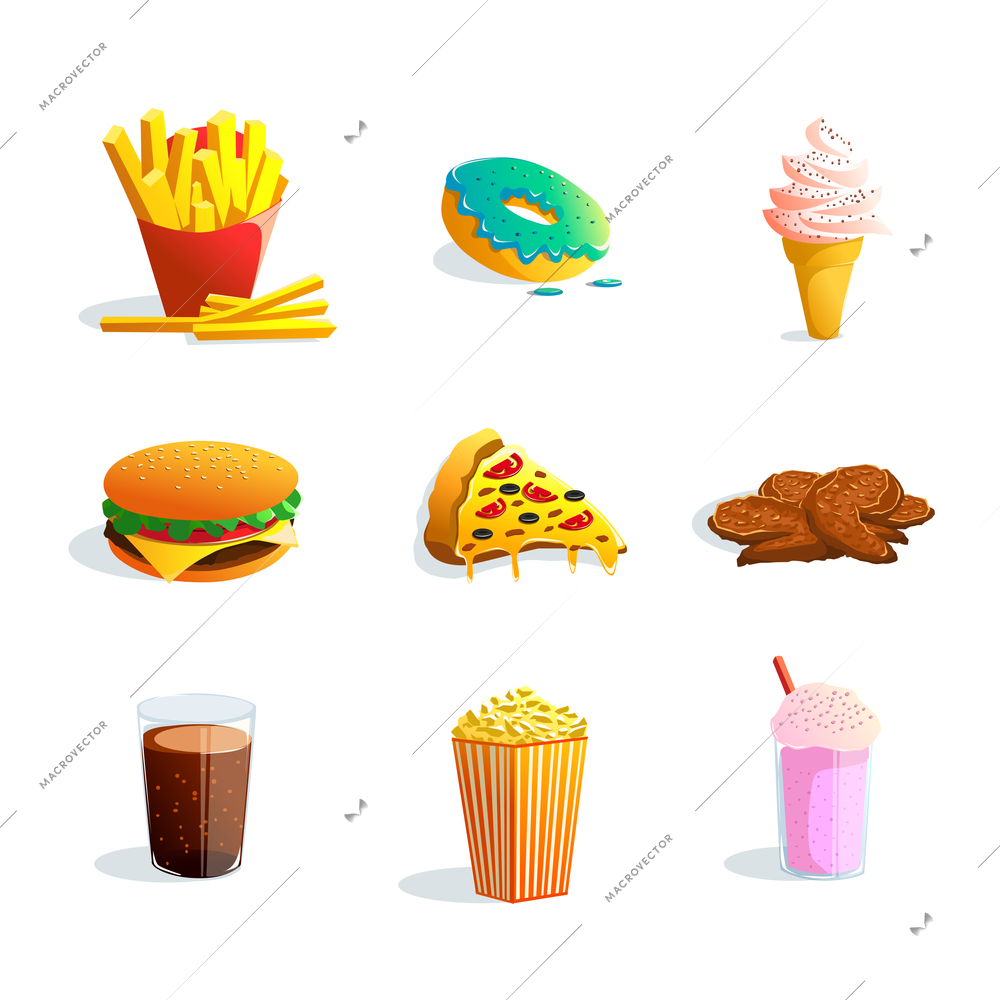 Fastfood cartoon icons set with ice cream popcorn pizza hamburger fried potato donut products flat vector illustration