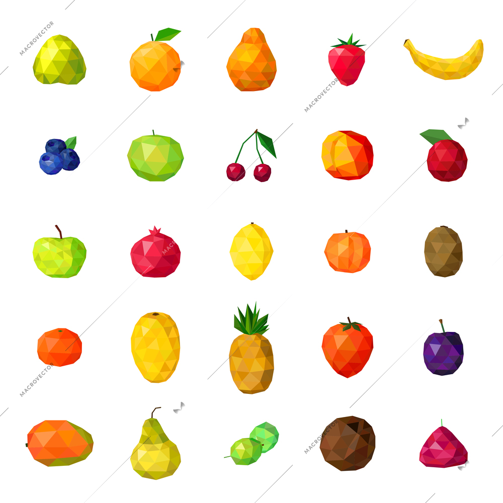 Fresh organic fruits and berries modern polygonal colorful icons collection with papaya strawberry pear isolated vector illustration