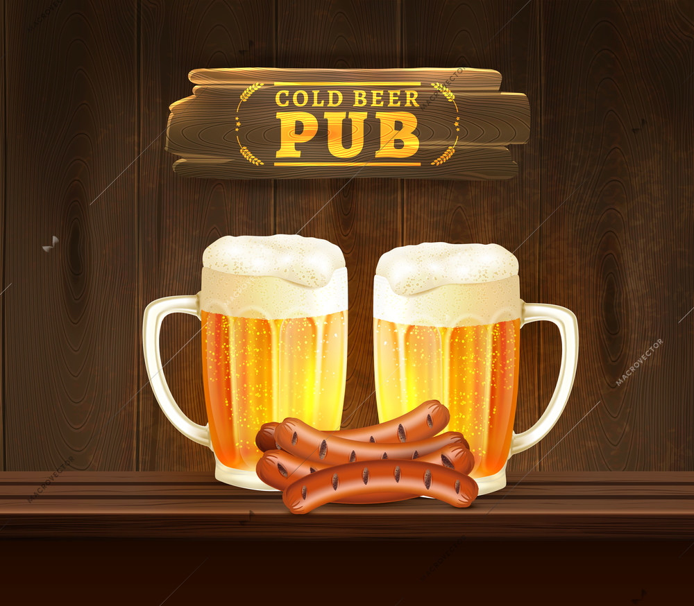 Cups with cold lager beer and sausages on bar counter in pub realistic vector illustration