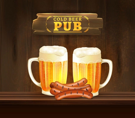 Cups with cold lager beer and sausages on bar counter in pub realistic vector illustration