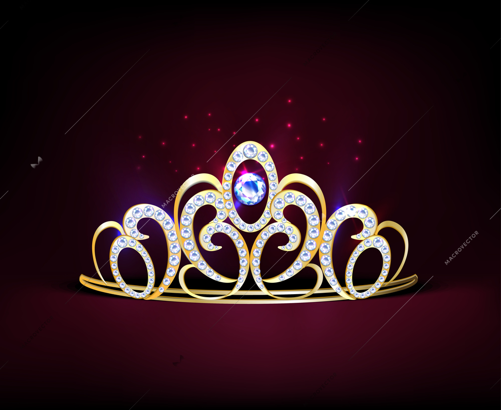 Colored golden realistic diadem composition with diamonds and big gemstone in center vector illustration