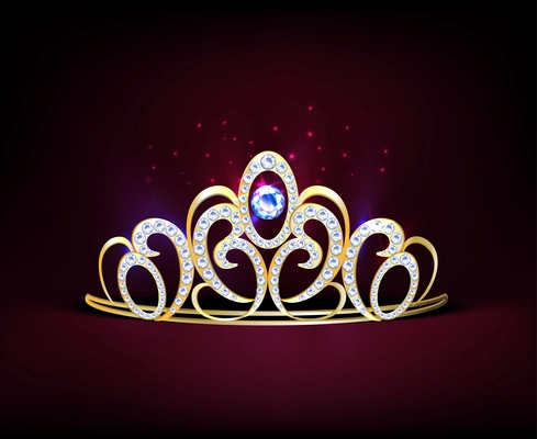 Colored golden realistic diadem composition with diamonds and big gemstone in center vector illustration