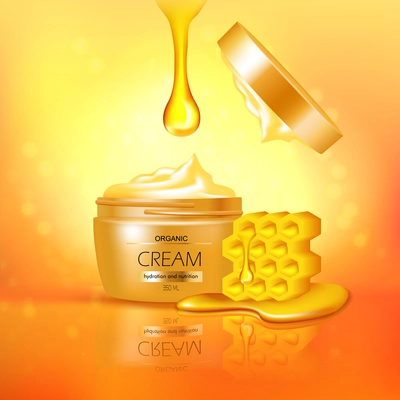 Jar of organic cream with honey 3d composition with reflection on textured glowing yellow background vector illustration