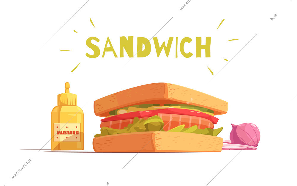 Sandwich cartoon design with toasts salmon tomato salad sliced onion and mustard on white background vector illustration
