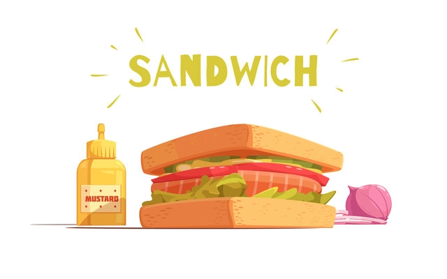 Sandwich cartoon design with toasts salmon tomato salad sliced onion and mustard on white background vector illustration