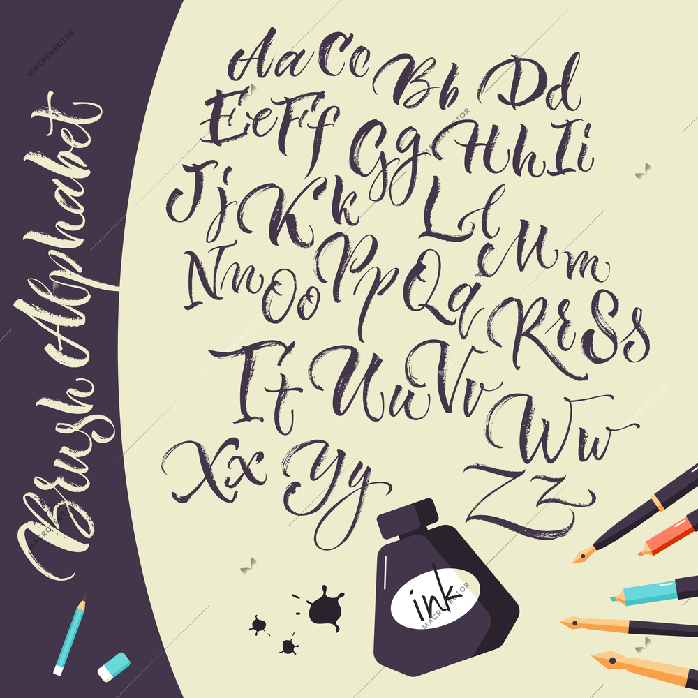 Artistic background with jar of ink pens and hand drawn alphabet flat doodle vector Illustration