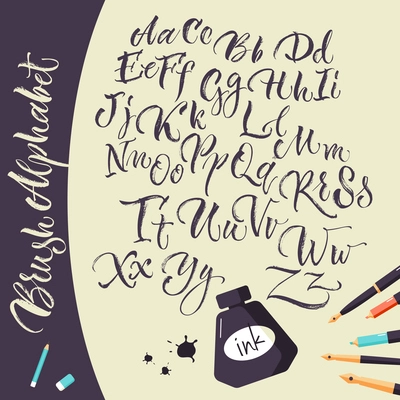 Artistic background with jar of ink pens and hand drawn alphabet flat doodle vector Illustration