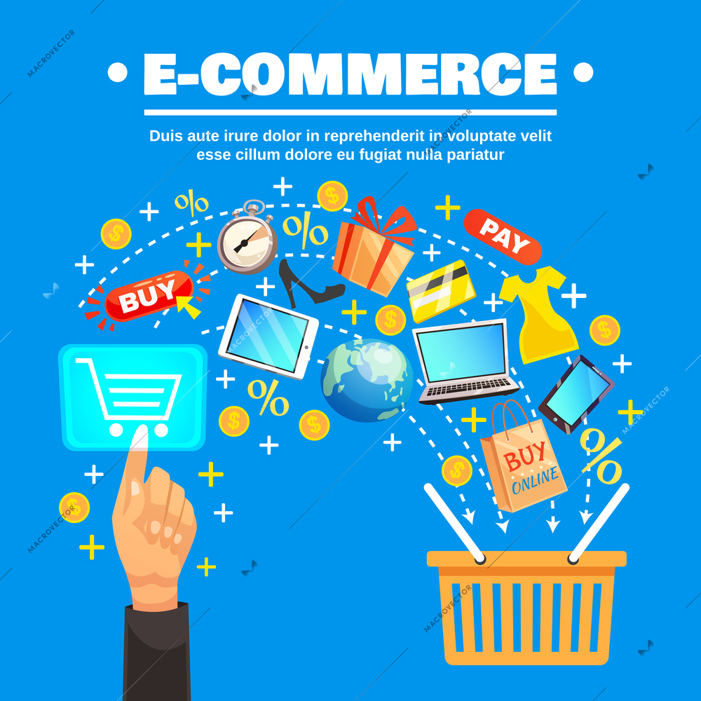 E-commerce conceptual composition with online shopping icons and signs flow with supermarket basket and human hand vector illustration