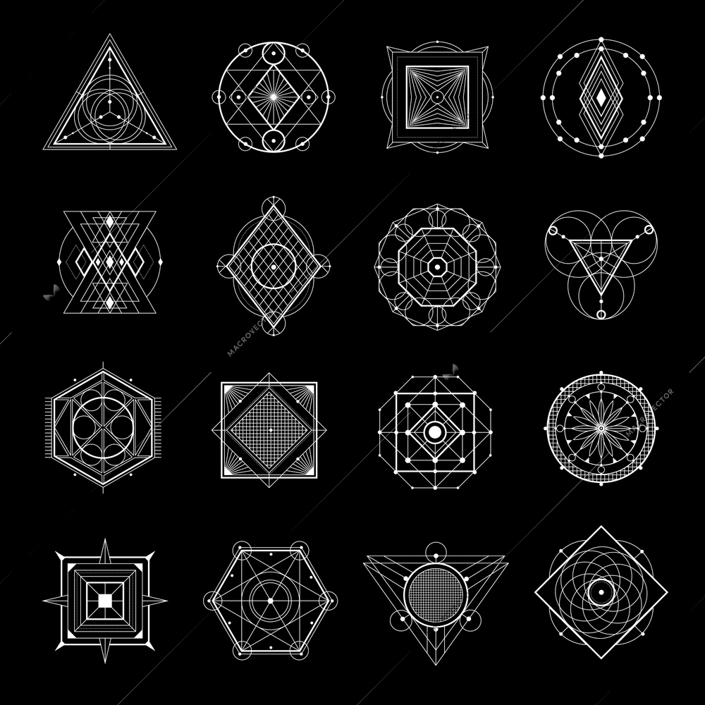 Sacred geometry white elements and symbols set isolated on black background flat vector illustration