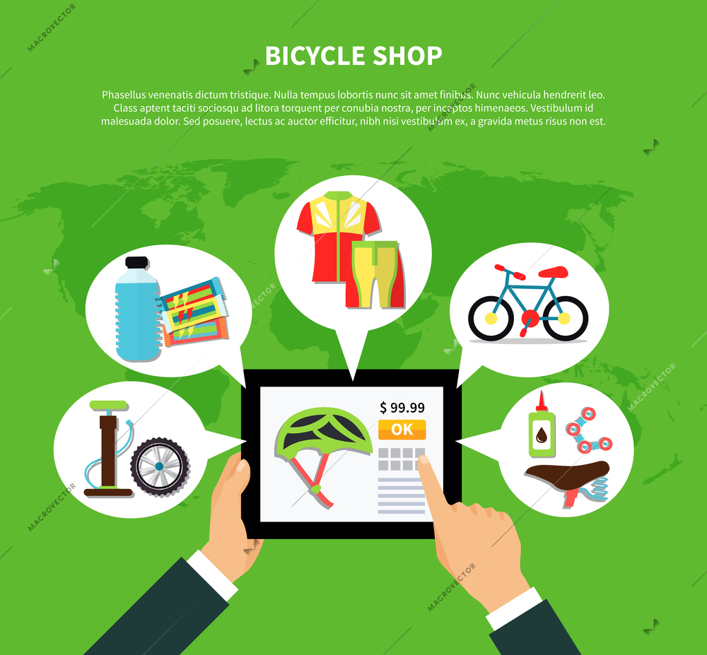 Bicycle shop concept with clothes and equipment symbols on green background flat vector illustration