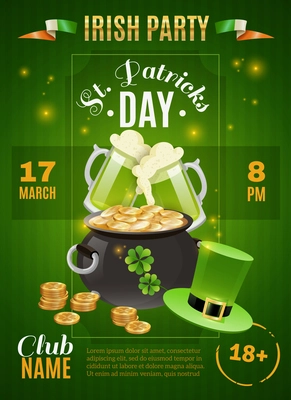 Saint Patricks day cartoon poster with Irish party symbol vector illustration